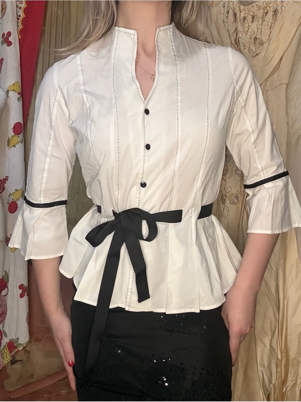 Vintage 90’s Cotton Dress Barn White Button-Up Top with Black Ribbon